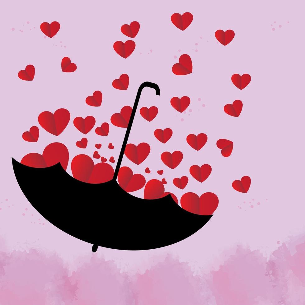 El corazón rojo está en un hermoso paraguas negro sobre fondo rosa. vector