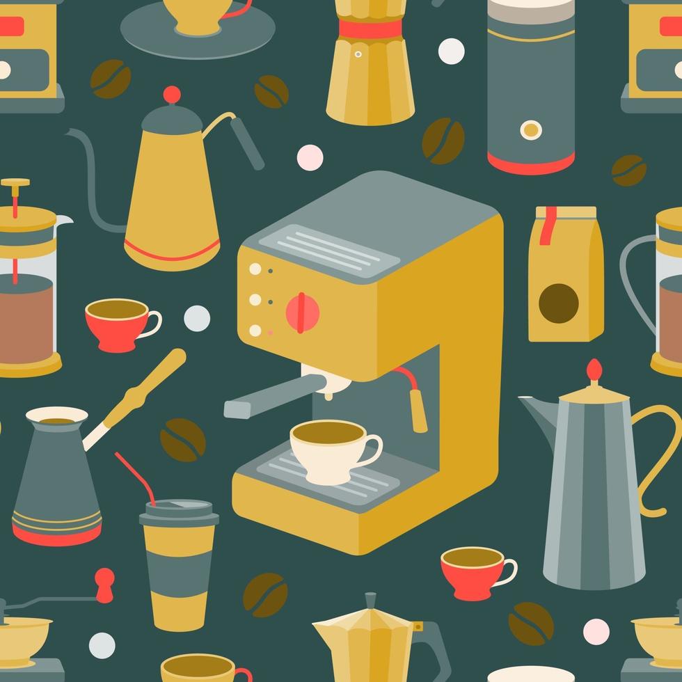 Set of coffee machine, geyser coffee maker, coffee pot, French press, coffee beans, cups. Vector seamless pattern