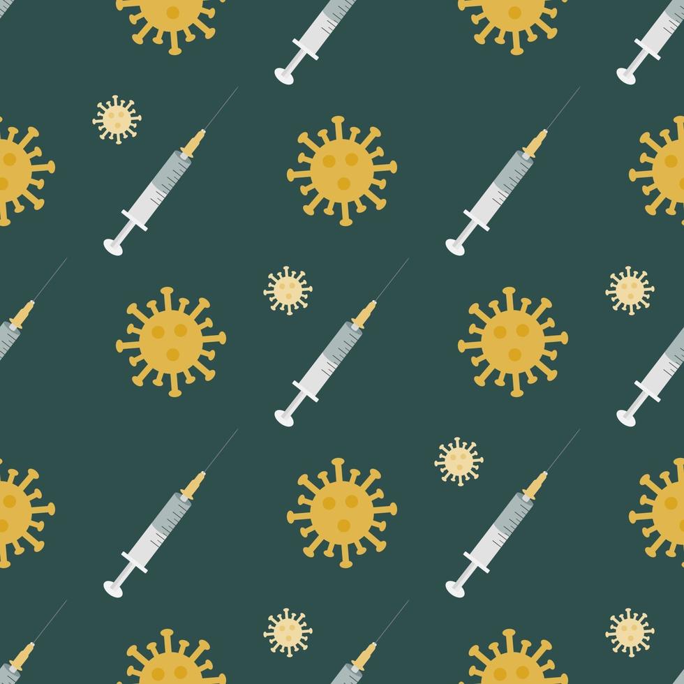 A syringe with a vaccine and a coronavirus on a dark green background. Vector seamless pattern