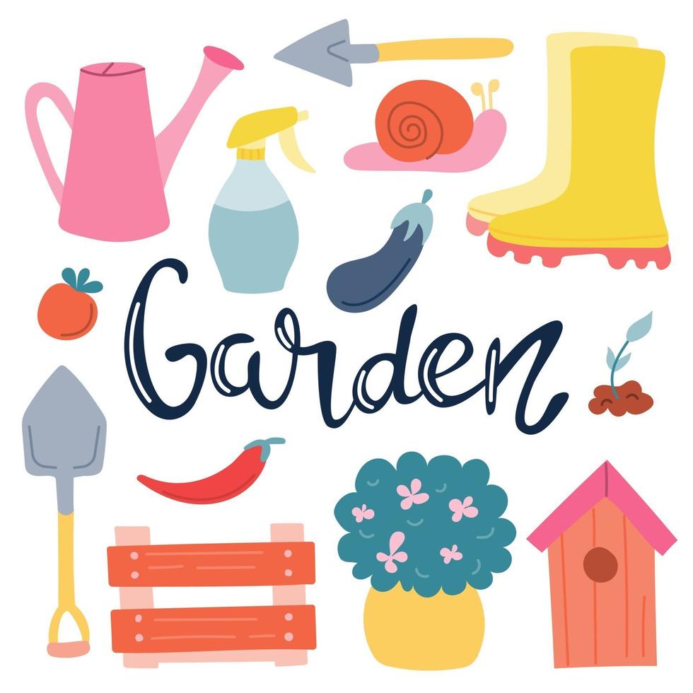 A set of elements, garden items with hand lettering on a white background. Spring, vegetable garden. vector