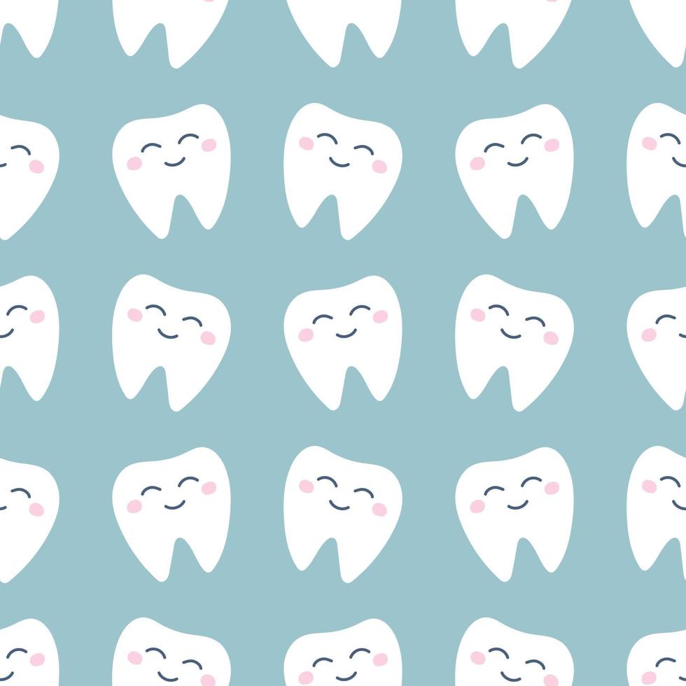 Cute white tooth with pink cheeks on a light green background. Vector seamless pattern in flat style