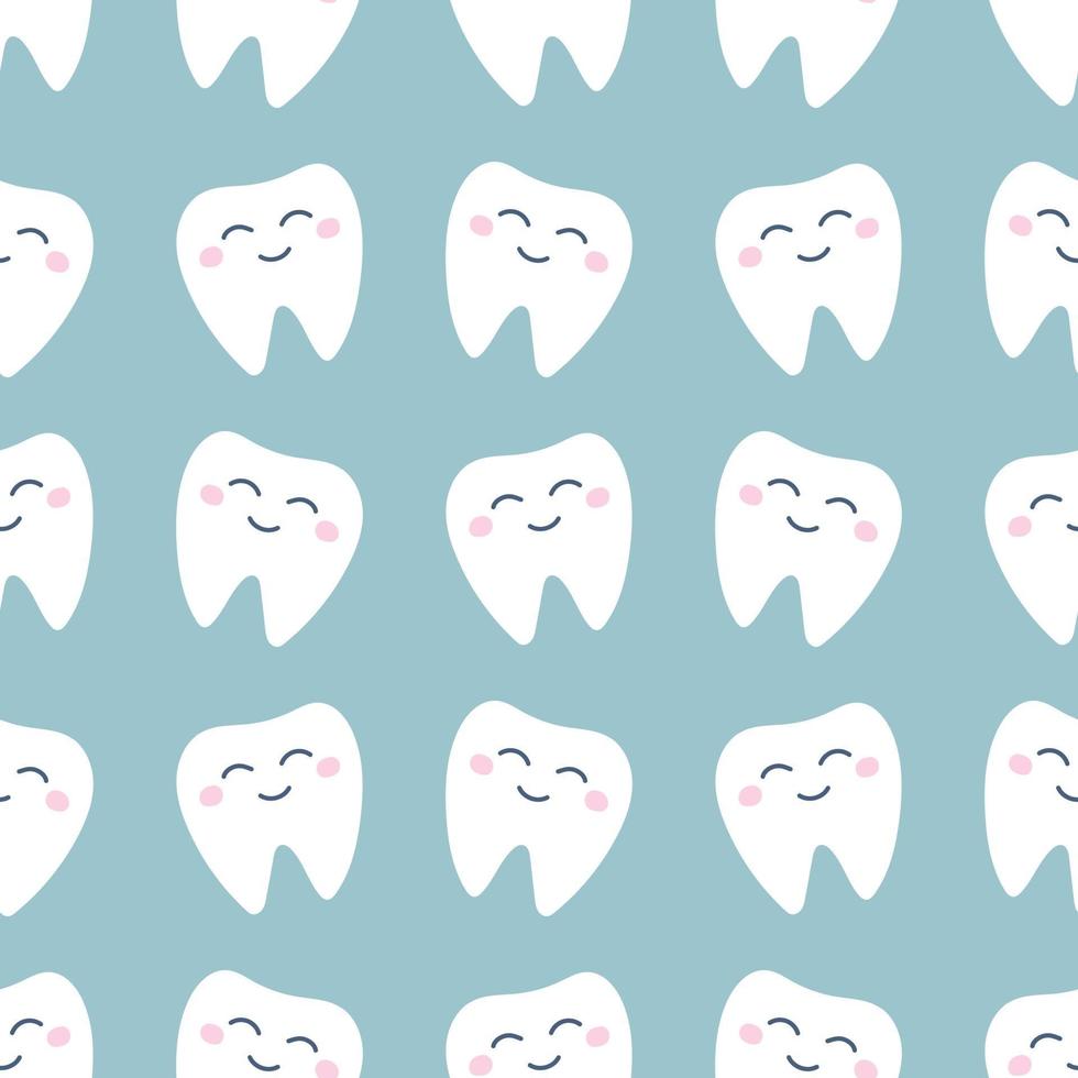 Cute white tooth with pink cheeks on a light green background. Vector seamless pattern in flat style