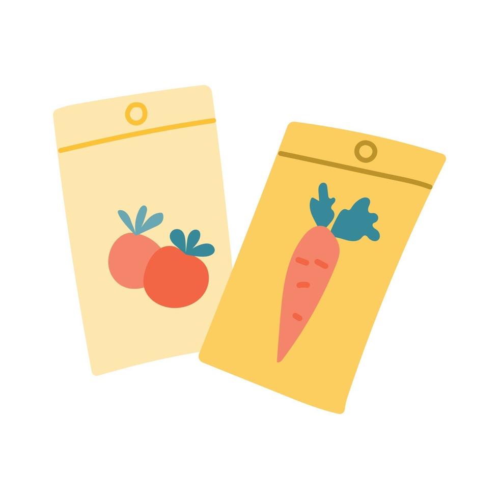 Tomato and carrot seeds in a package, summer garden. Vector illustration in a flat style on a white background
