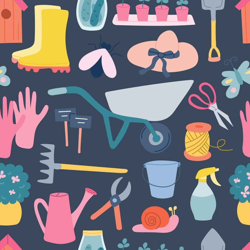 Garden tools, vector seamless pattern on a blue background in a flat style