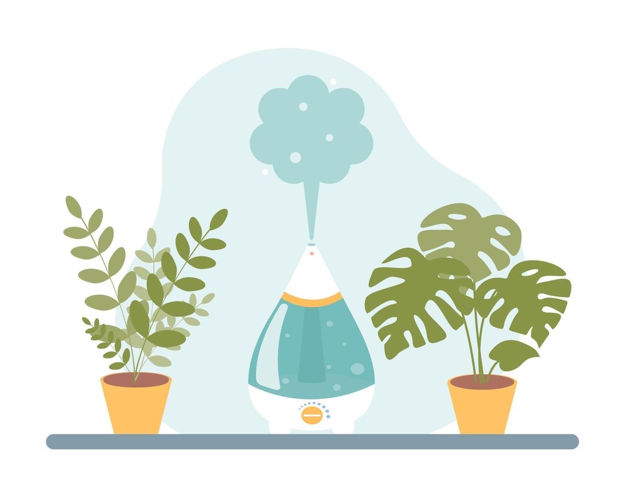 Humidifier on the table with indoor plants. Vector illustration in a flat cartoon style on a white background