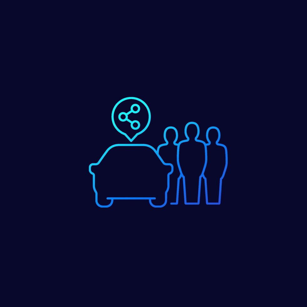 carsharing, carpooling icon, people sharing a car, line vector