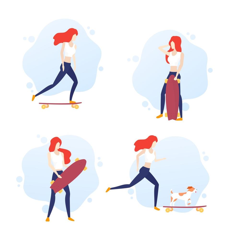 girl riding longboard, young skater with her dog having fun, vector