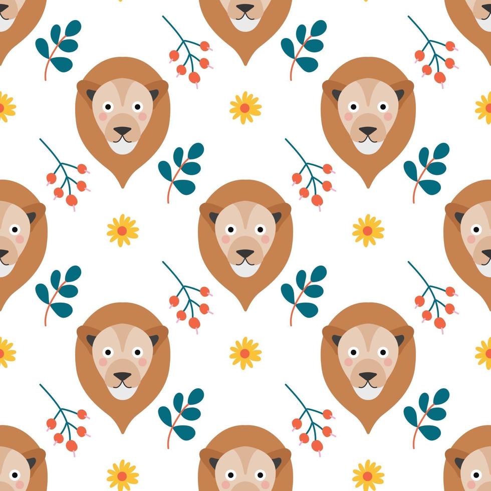 The face of a cute lion with flowers and plants on a white background. Vector seamless pattern in a flat style