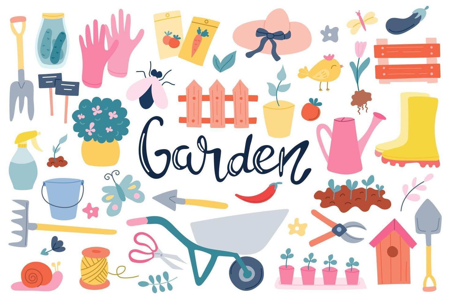 un gran conjunto sobre el tema de jardinería, herramientas, artículos de jardín, rotulación a mano. primavera, cultivo de hortalizas. ilustración vectorial en un estilo plano sobre un fondo blanco vector