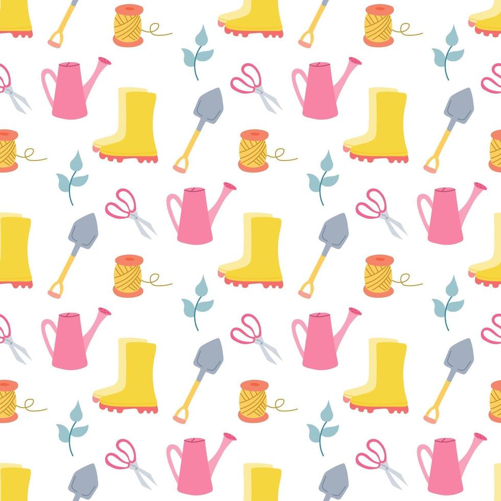Garden tools, vector seamless pattern on white background in flat style