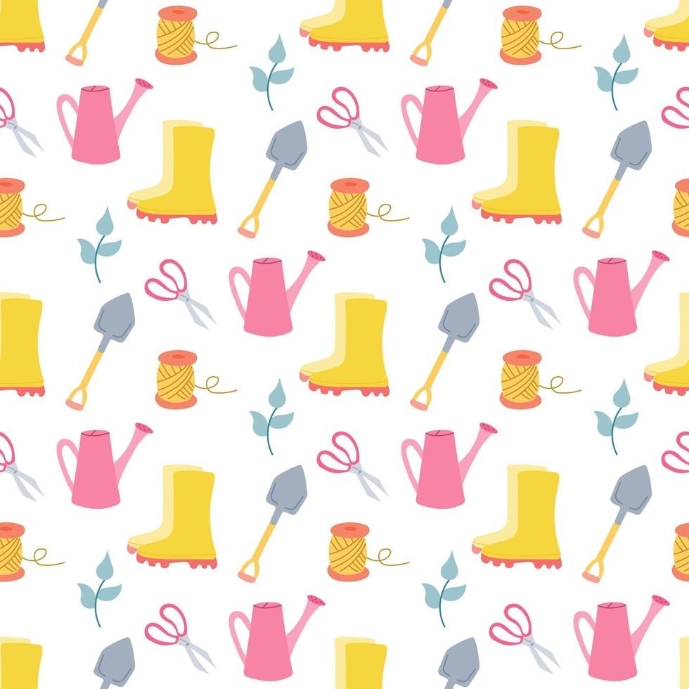 Garden tools, vector seamless pattern on white background in flat style