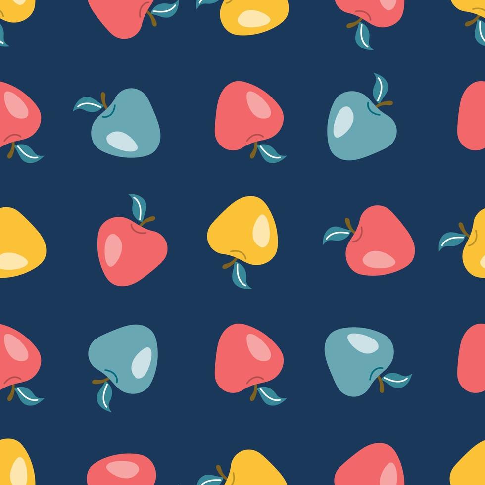 Colorful apples on a dark blue background in a flat style. Vector seamless pattern