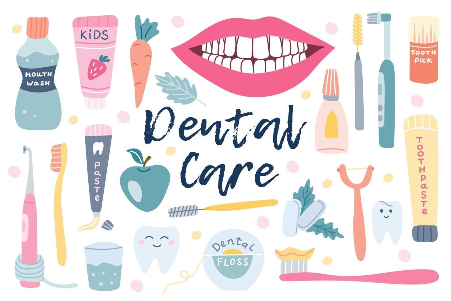 Big set of dental care, oral hygiene. Dental floss, chewing gum, paste, snow-white smile, apple. vector