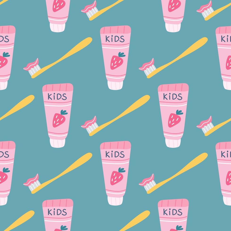 Children's toothpaste with strawberries and a toothbrush on a green background. Vector seamless pattern in flat style