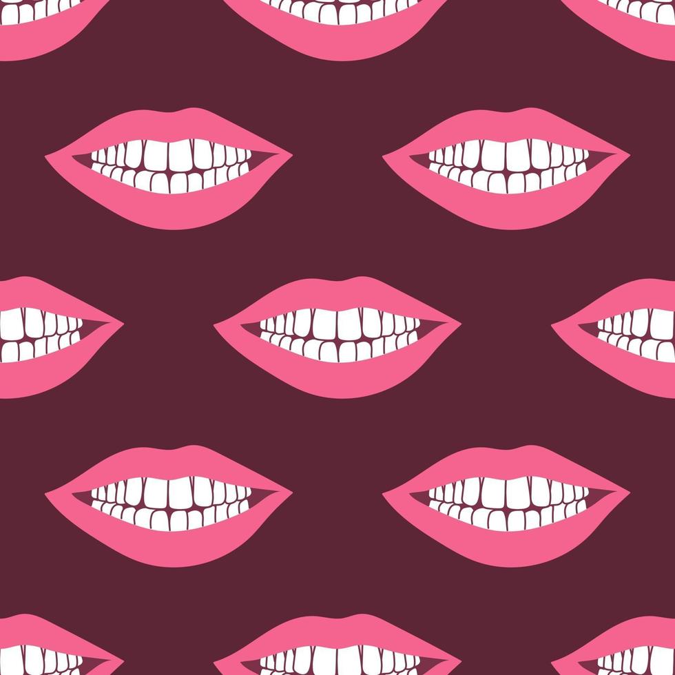 A woman's smile with teeth, pink bright lips on a dark background. Vector seamless pattern in flat style