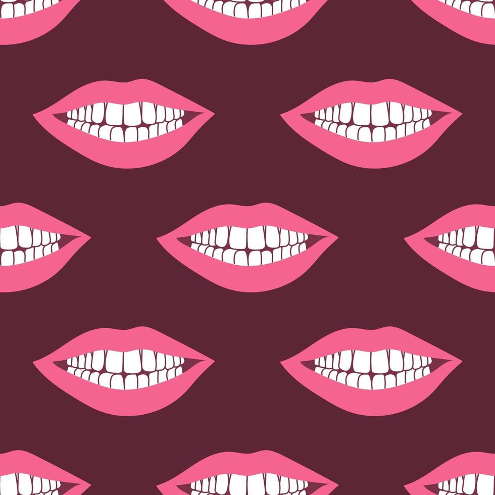 la sonrisa de una mujer con dientes, labios rosados brillantes sobre un fondo oscuro. vector de patrones sin fisuras en estilo plano