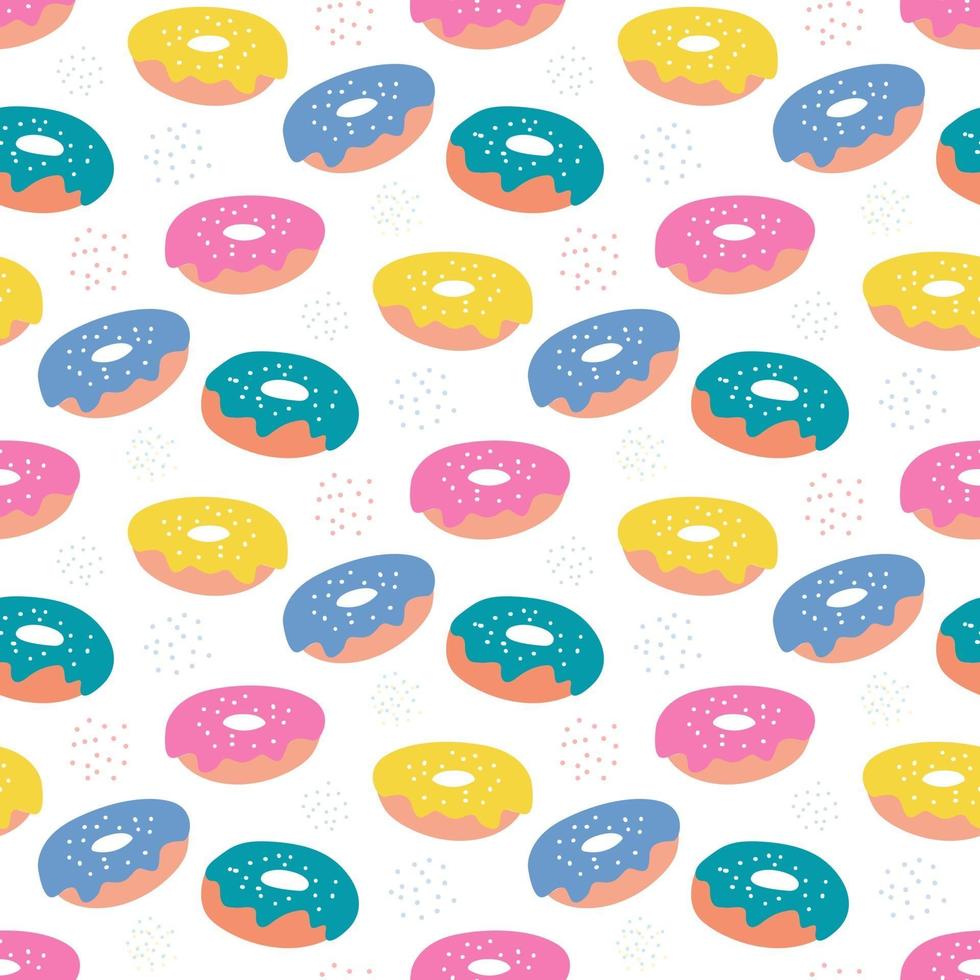 Colorful sugar donuts with icing on a white background. Vector seamless pattern in flat style