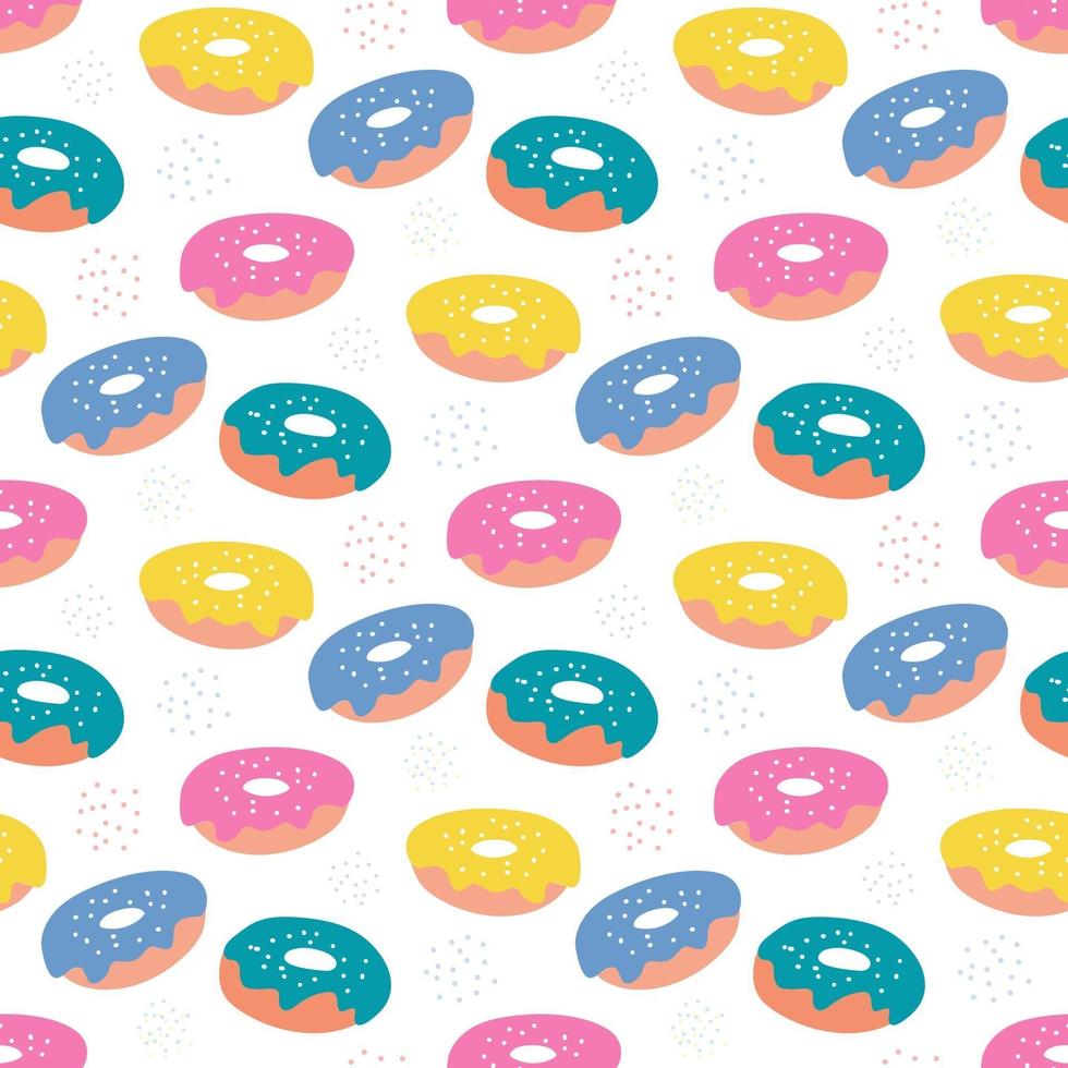 Colorful sugar donuts with icing on a white background. Vector seamless pattern in flat style