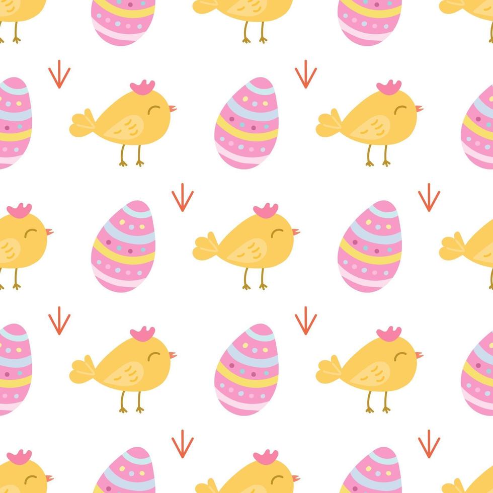 A small cute chicken with an Easter egg on a white background. Vector seamless pattern in a flat style