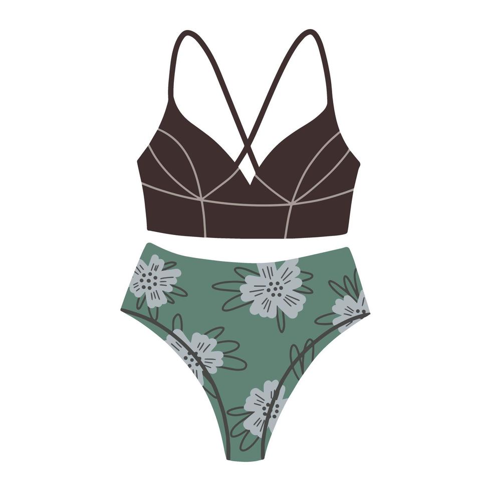 Female two-piece swimsuit with floral print. Modern fashion stylish swimsuit. Vector Flat Cartoon Illustration. Bathing clothes