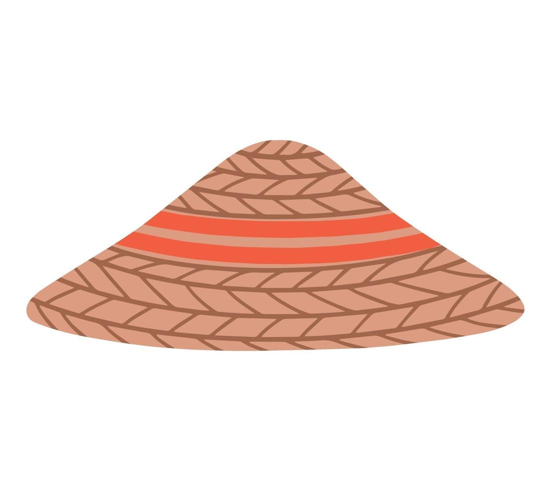 Straw Asian conical hat. The headdress of a farmer or agricultural worker.Traditional Chinese or Vietnamese headdress.Vector illustration in flat cartoon style vector