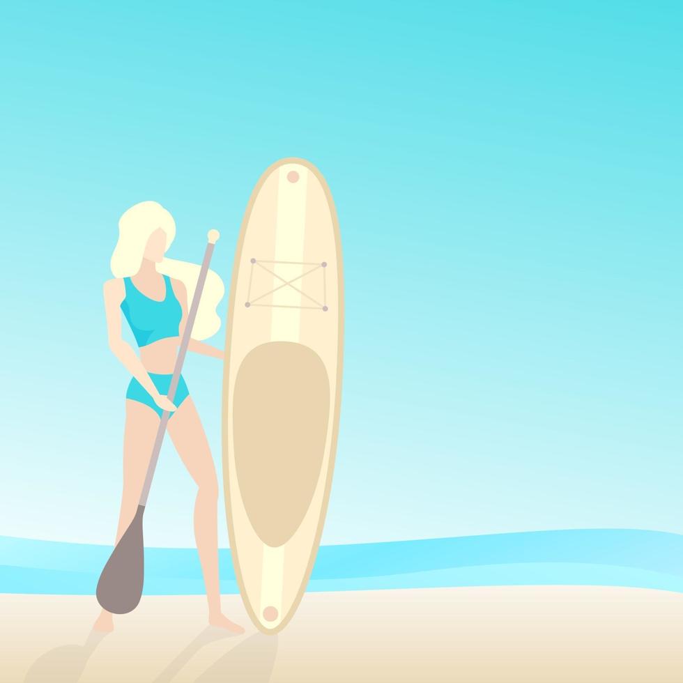 Girl with sup board and paddle on the beach vector