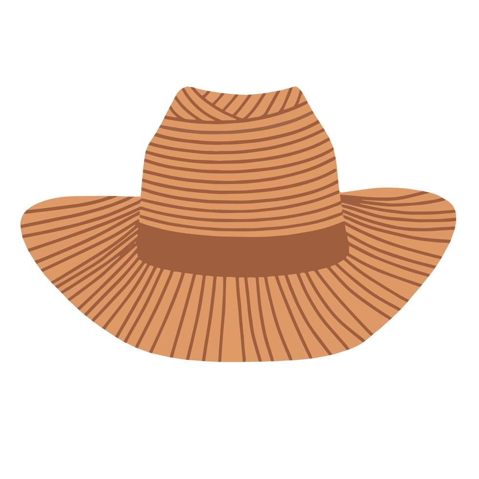 A straw wicker hat with a brim. Summer headdress. Vector illustration in a flat cartoon style.