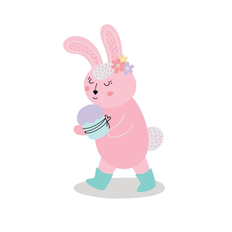 Cute pink rabbit holding an Easter cake. The Easter bunny. Design for Easter. Flat cartoon vector illustration