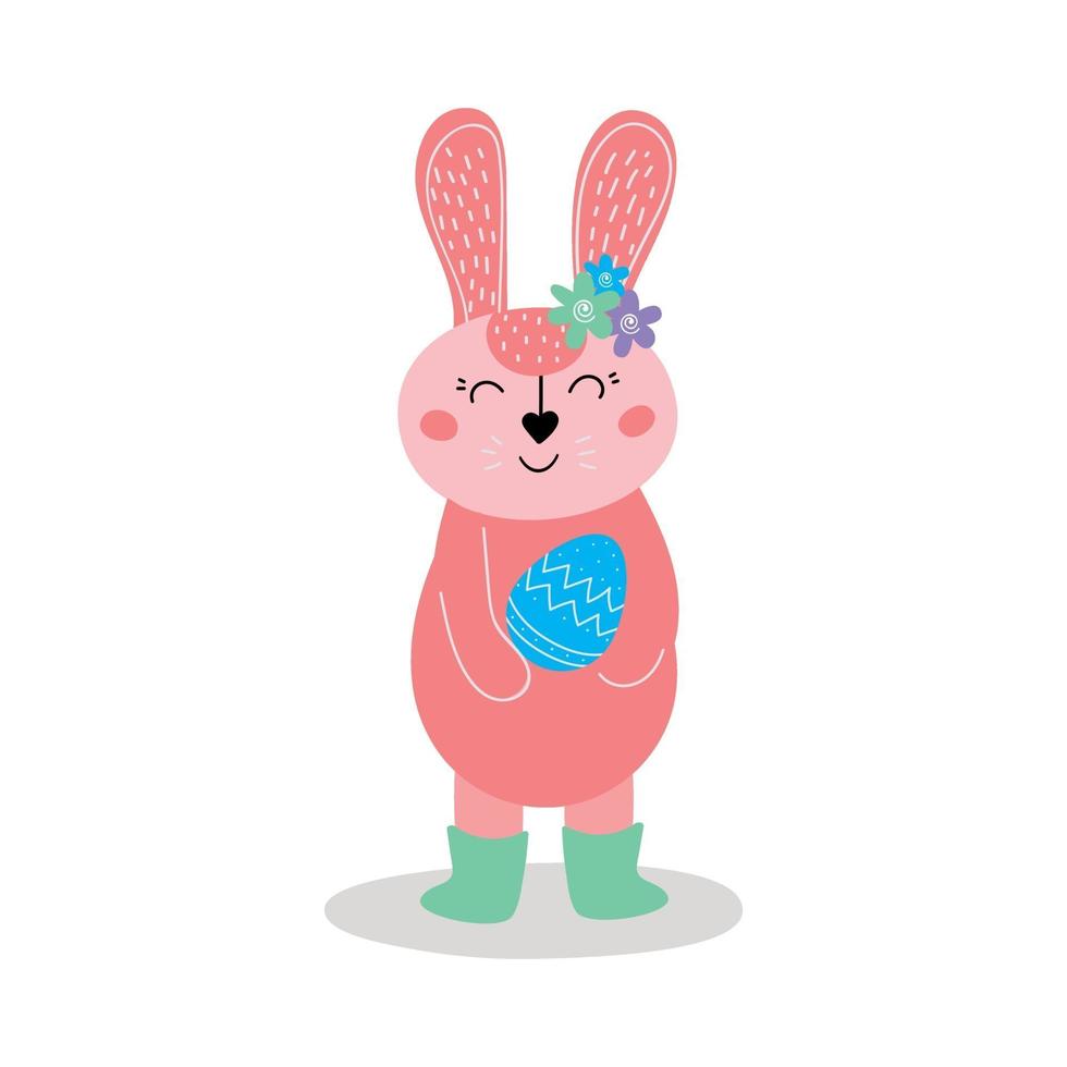 Cute pink rabbit with an Easter egg in his hands. The Easter bunny. Design for Easter. Flat cartoon vector illustration