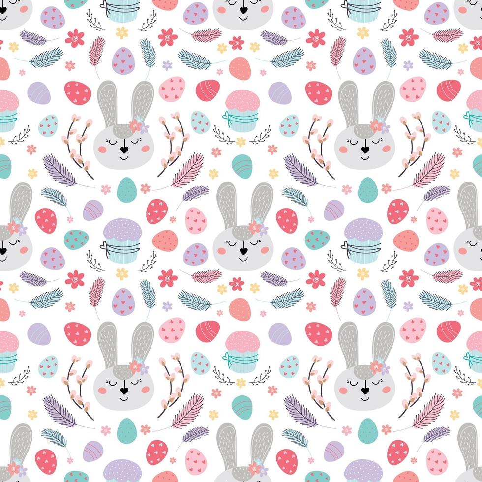 seamless Easter pattern with rabbit. Pattern with Easter bunny, eggs, cake. Design for textiles, packaging, wrappers, web, printing. Vector flat illustration