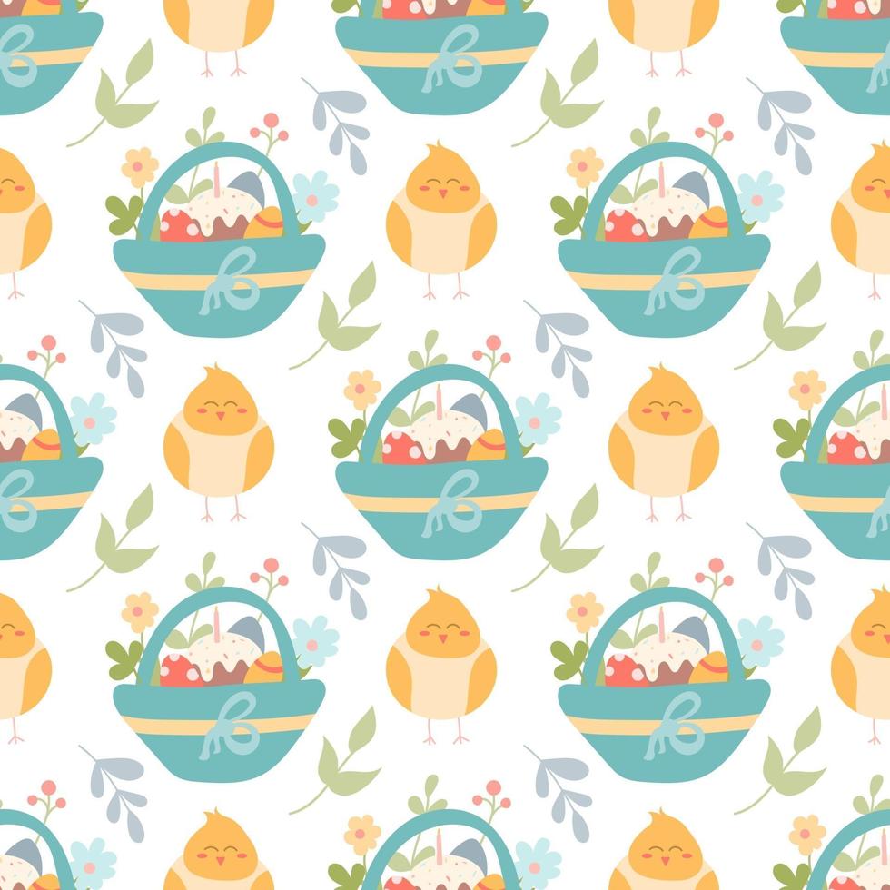 Cute chicken and a basket with Easter eggs and cakes, plants and flowers. vector