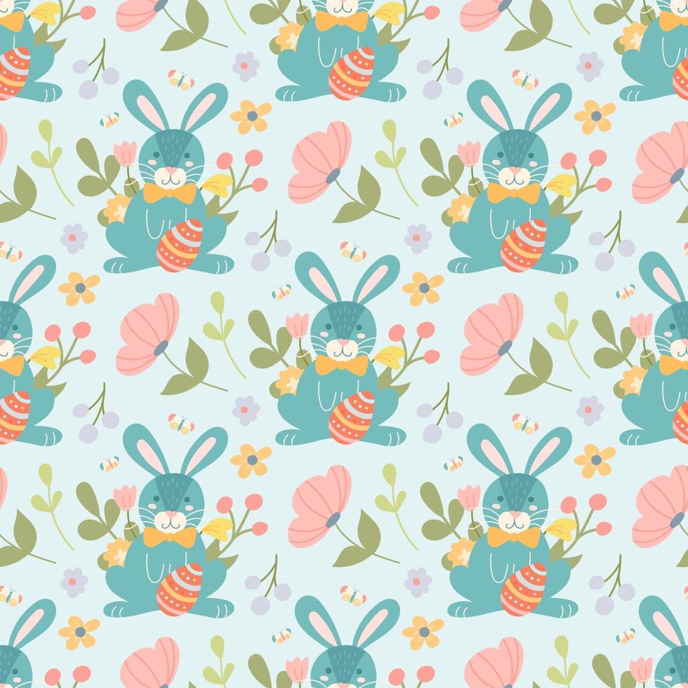 Cute Easter bunny with egg and plants, flowers. Vector seamless pattern in a flat cartoon style on a light background