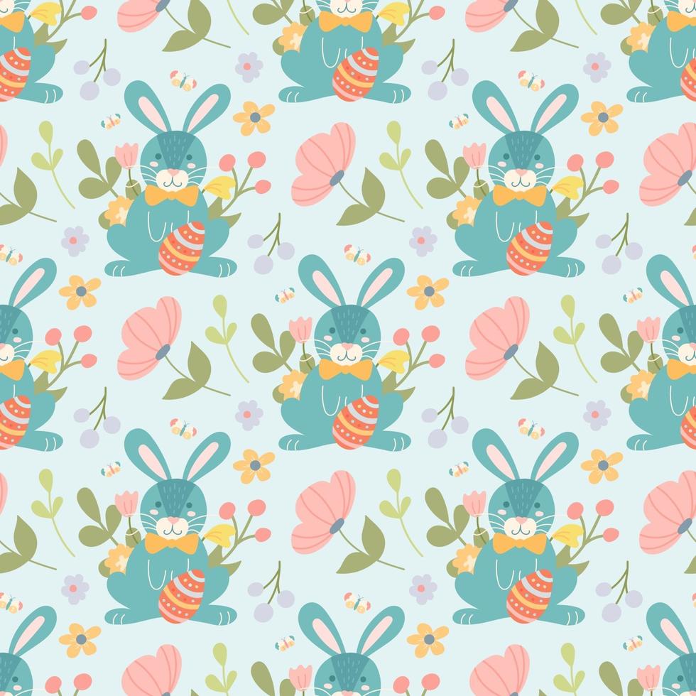 Cute Easter bunny with egg and plants, flowers. Vector seamless pattern in a flat cartoon style on a light background