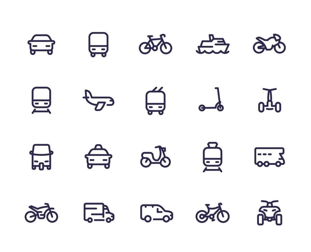 Transport line icons set, cars, train, airplane, van, bike, motorbike, bus, taxi, tuk tuk, quad bike, subway, public transportation vector