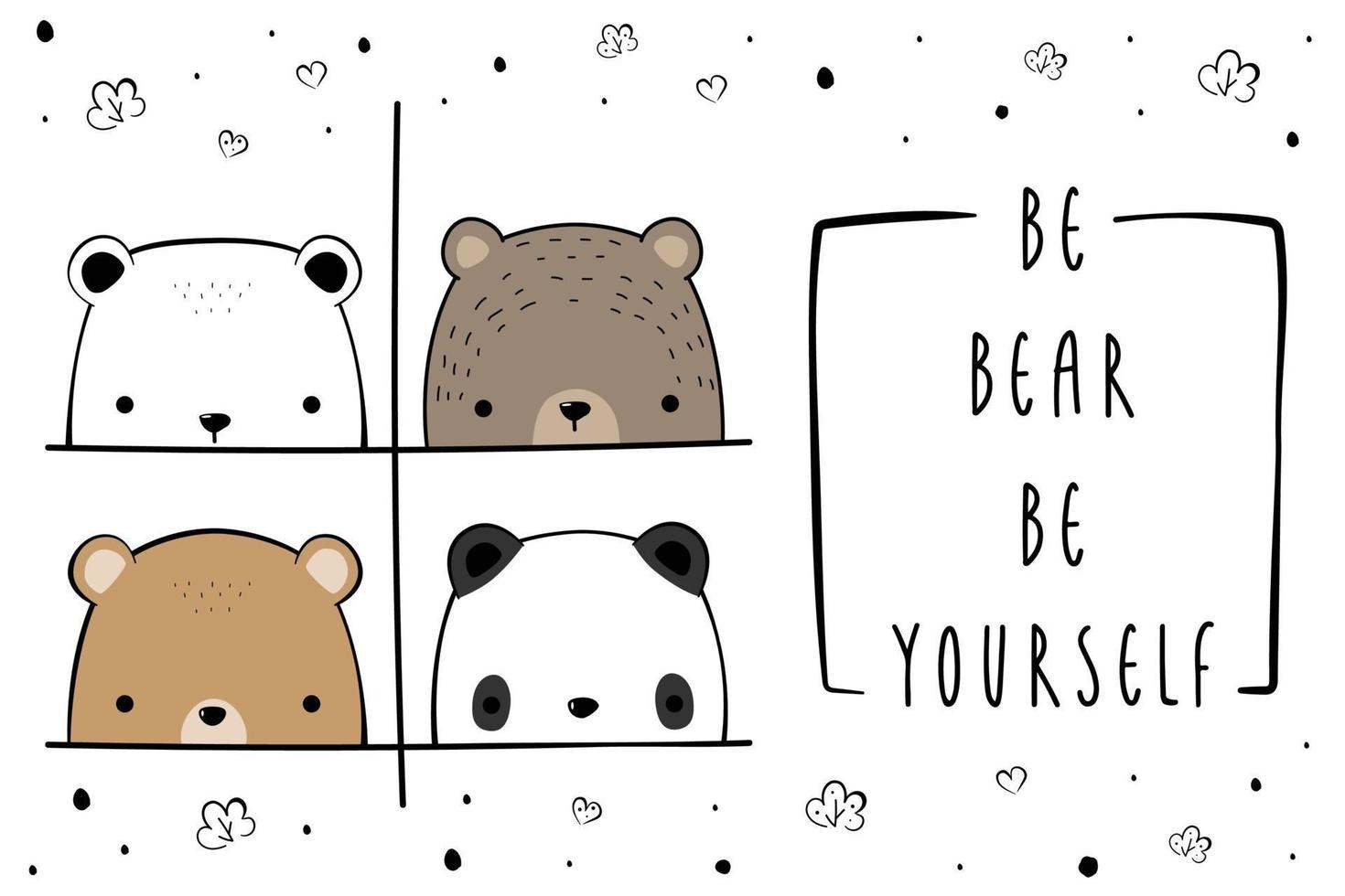 Cute polar bear teddy bear and panda greeting cartoon doodle background vector