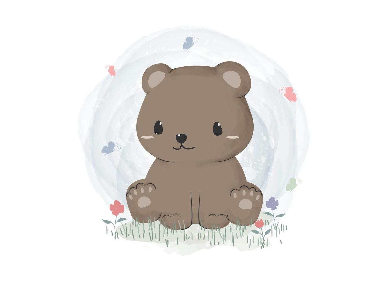 lindo oso de peluche sentado en la hierba estilo de color de agua de dibujos animados vector