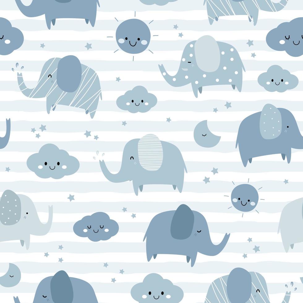 Cute blue elephant cartoon seamless pattern vector