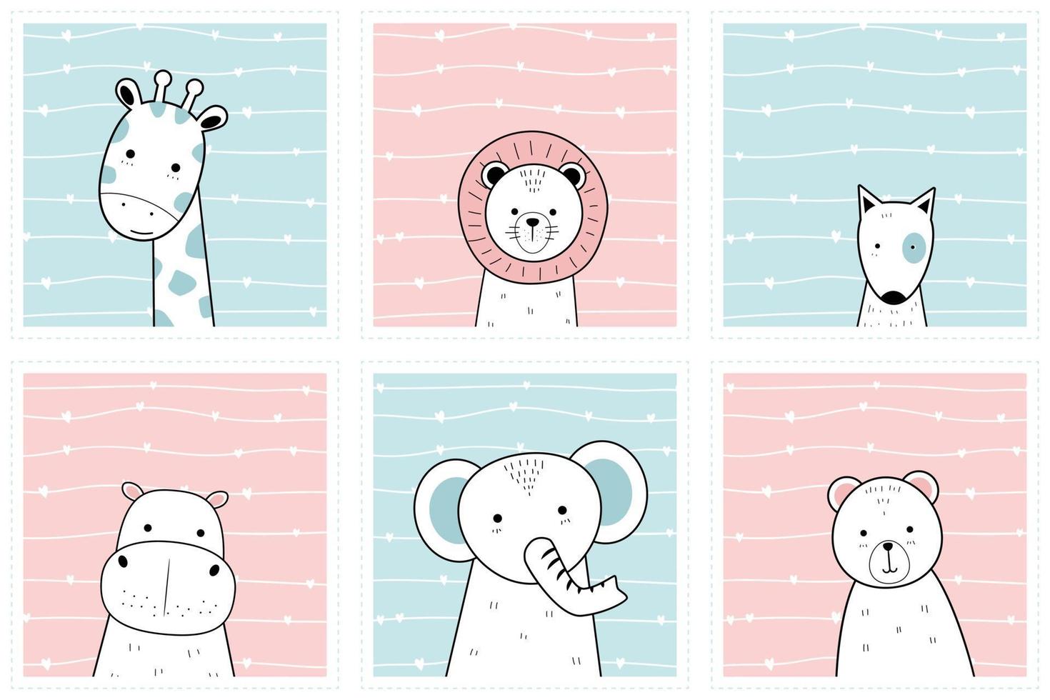 Cute 6 animals giraffe lion dog hippo elephant bear pastel cartoon doodle card set collection vector
