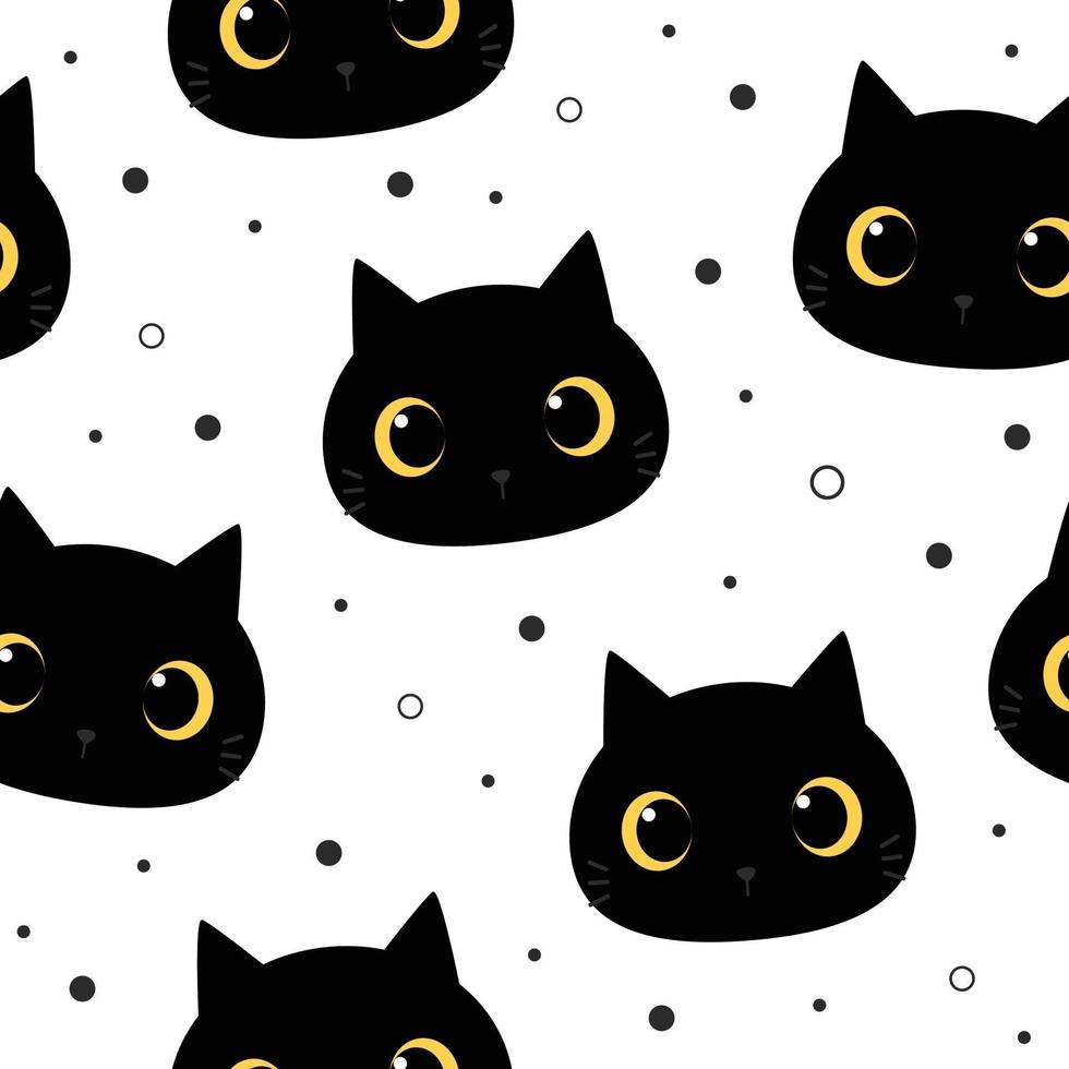 lindo, gato negro, gatito, cabeza, caricatura, seamless, patrón vector