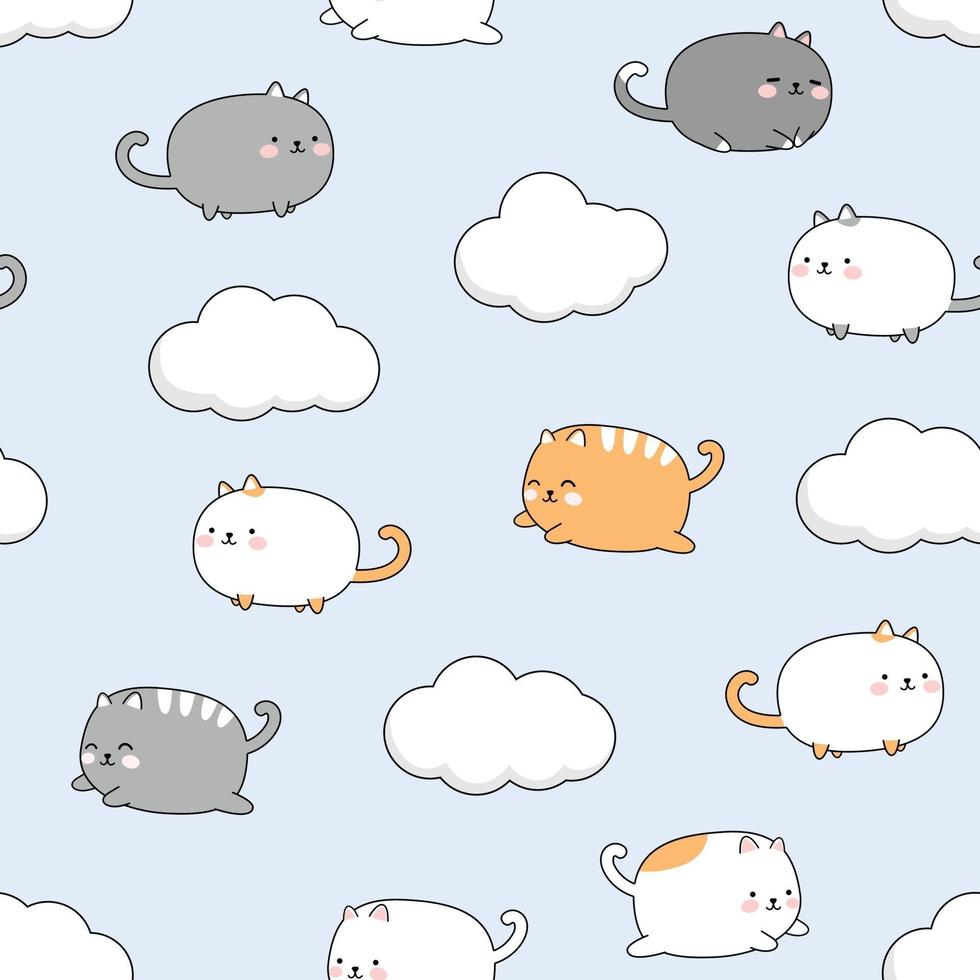 Cute chubby cat kitten flying in the sky cartoon doodle seamless pattern vector