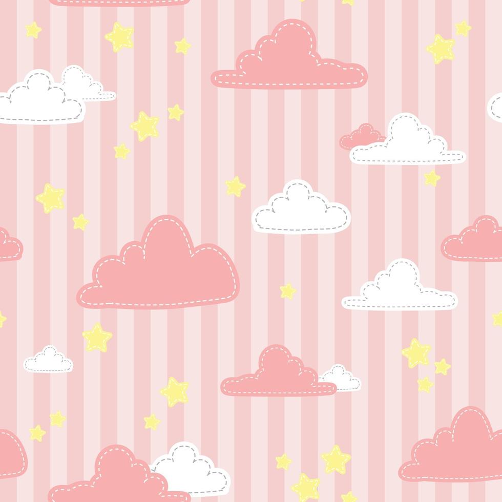 Cute pink cloud and star cartoon doodle sticker style seamless pattern vector