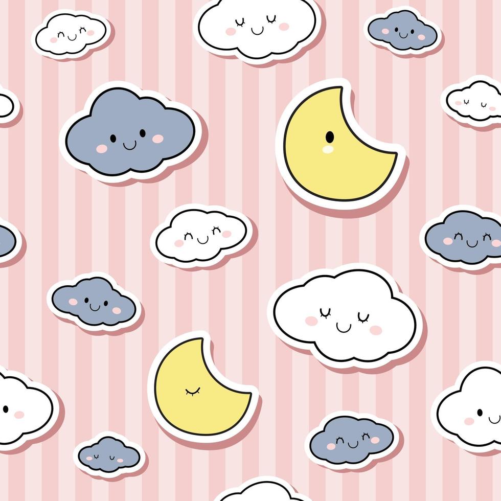 Cute dibujos animados de luna y nubes doodle estilo de etiqueta engomada de patrones sin fisuras sobre fondo de rayas rosa vector