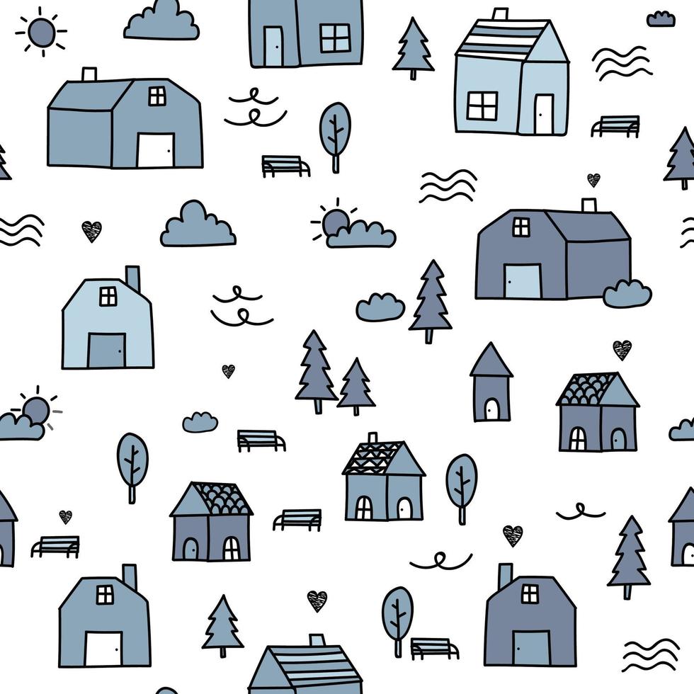 Cute blue house cartoon doodle seamless pattern vector