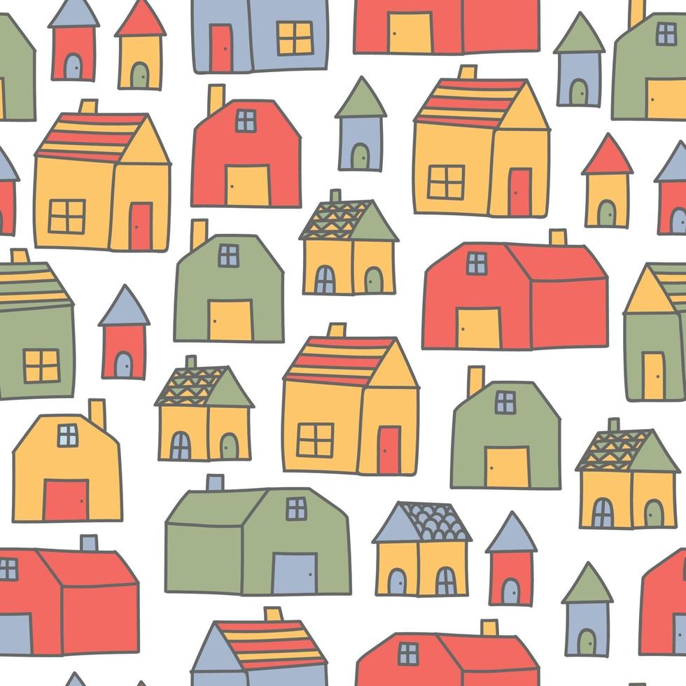 Cute small house town cartoon doodle seamless pattern vector