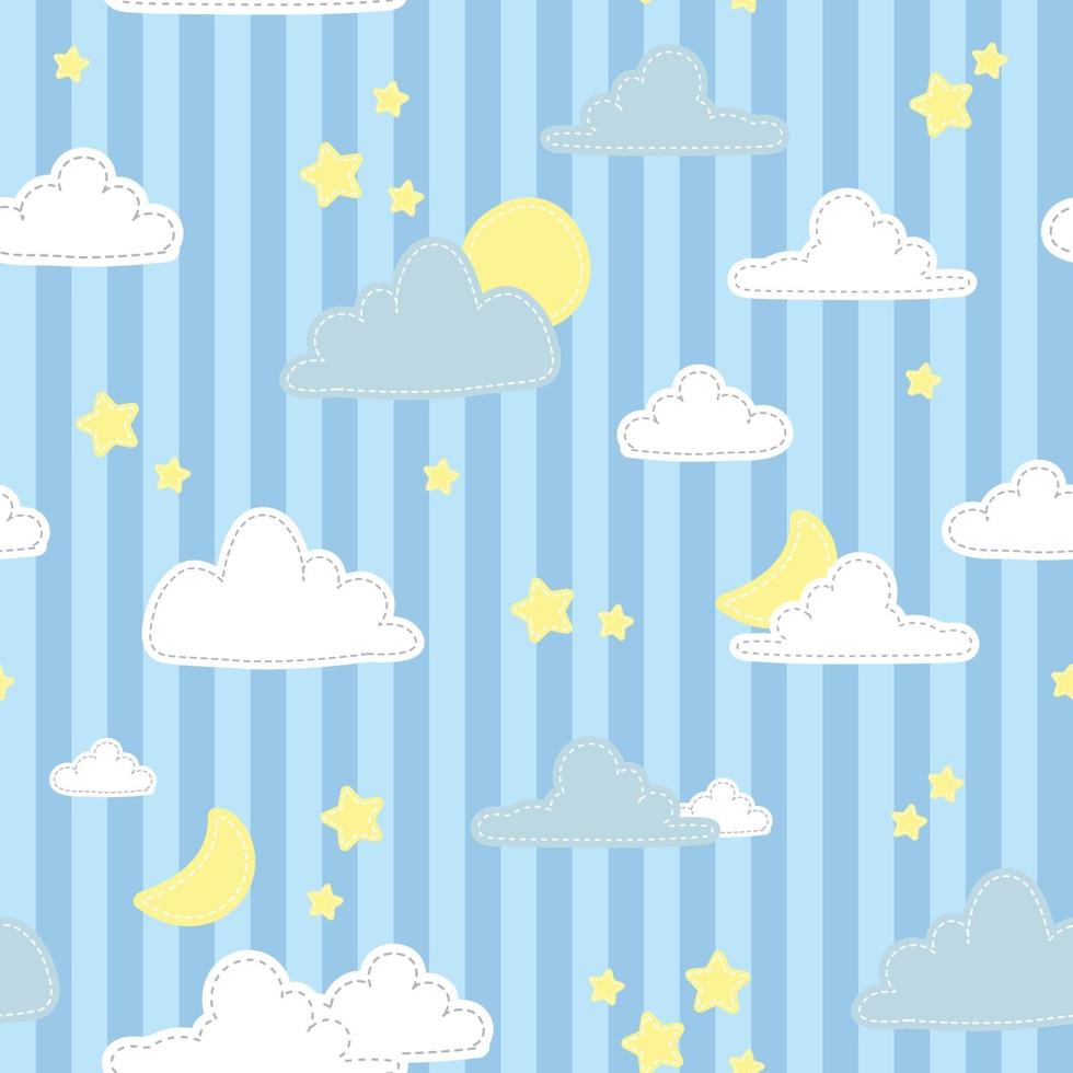 Cute cloud star and moon on blue striped background cartoon doodle seamless pattern vector