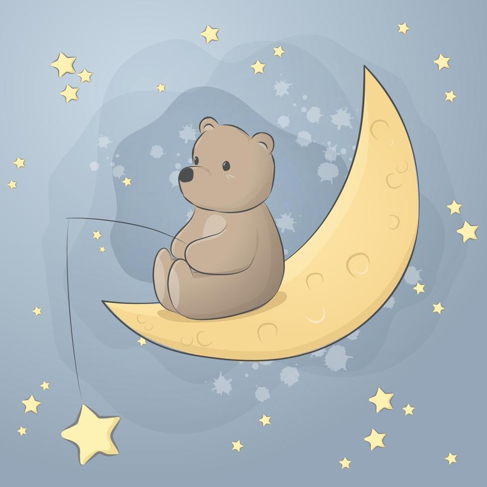 lindo oso de peluche sentado en la luna doodle de dibujos animados de estrellas de pesca vector