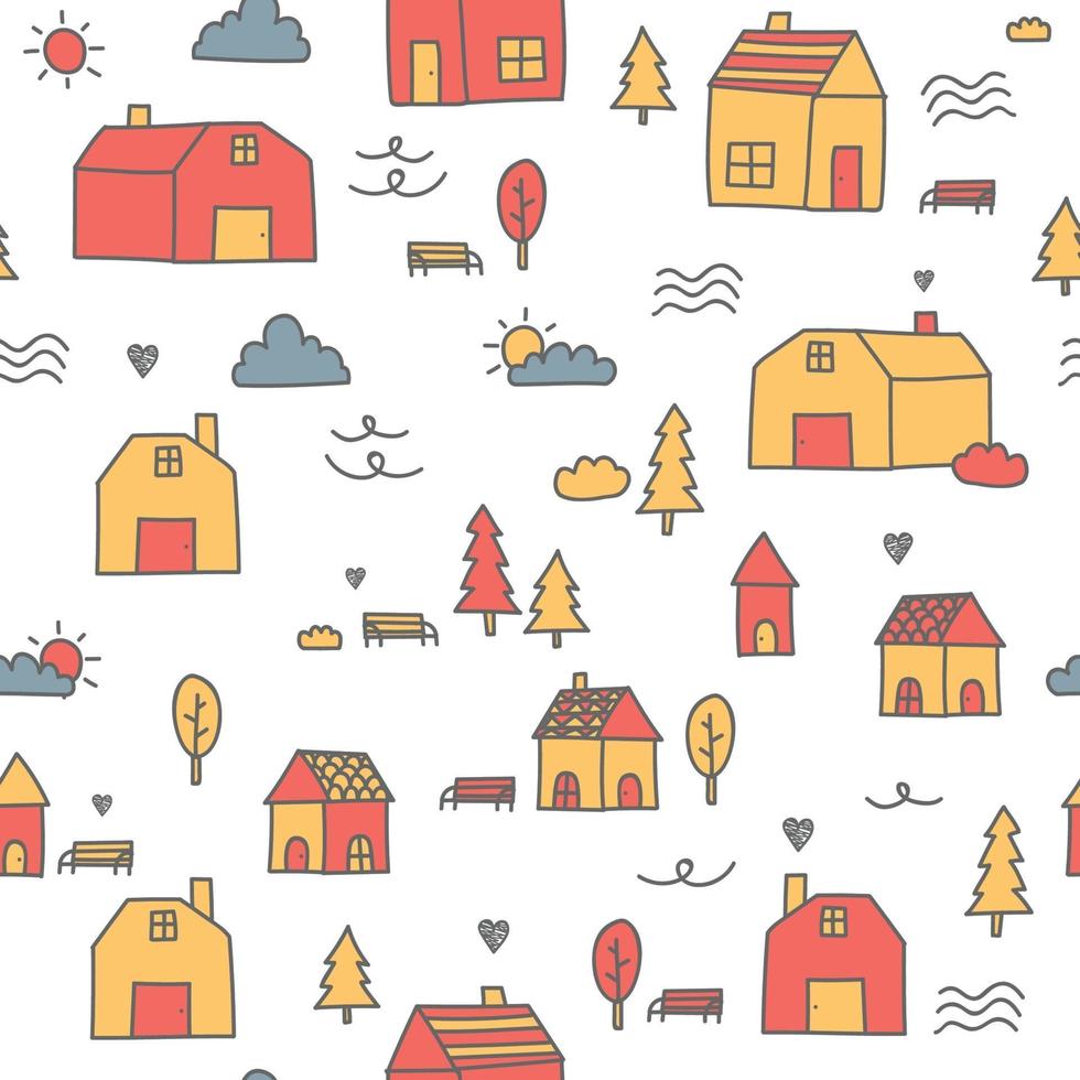 Linda casa pequeña ciudad dibujos animados doodle de patrones sin fisuras vector