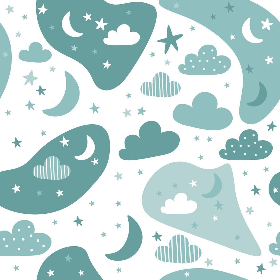 Cute green sky with cloud moon and star cartoon seamless pattern vector