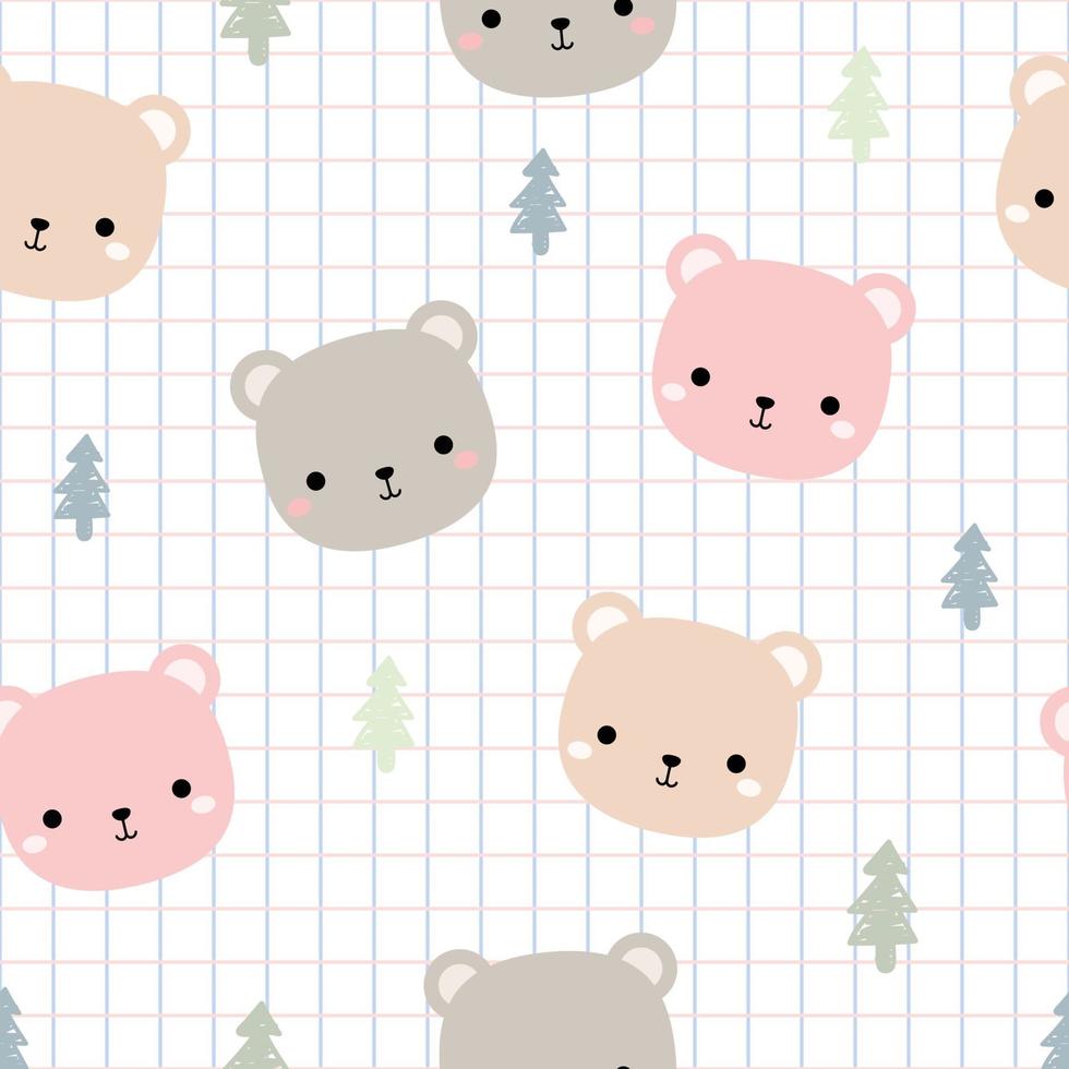 Cute teddy bear head cartoon seamless pattern vector