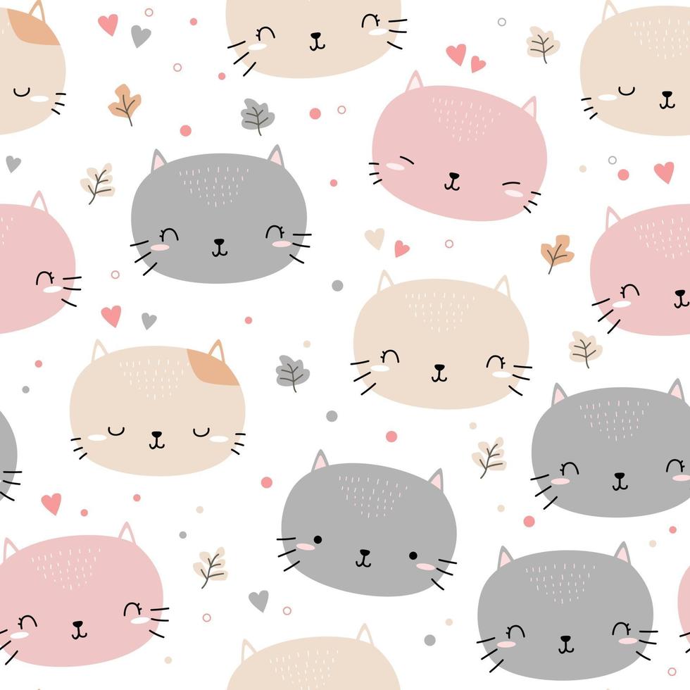 Cute chubby cat kitten head cartoon seamless pattern vector